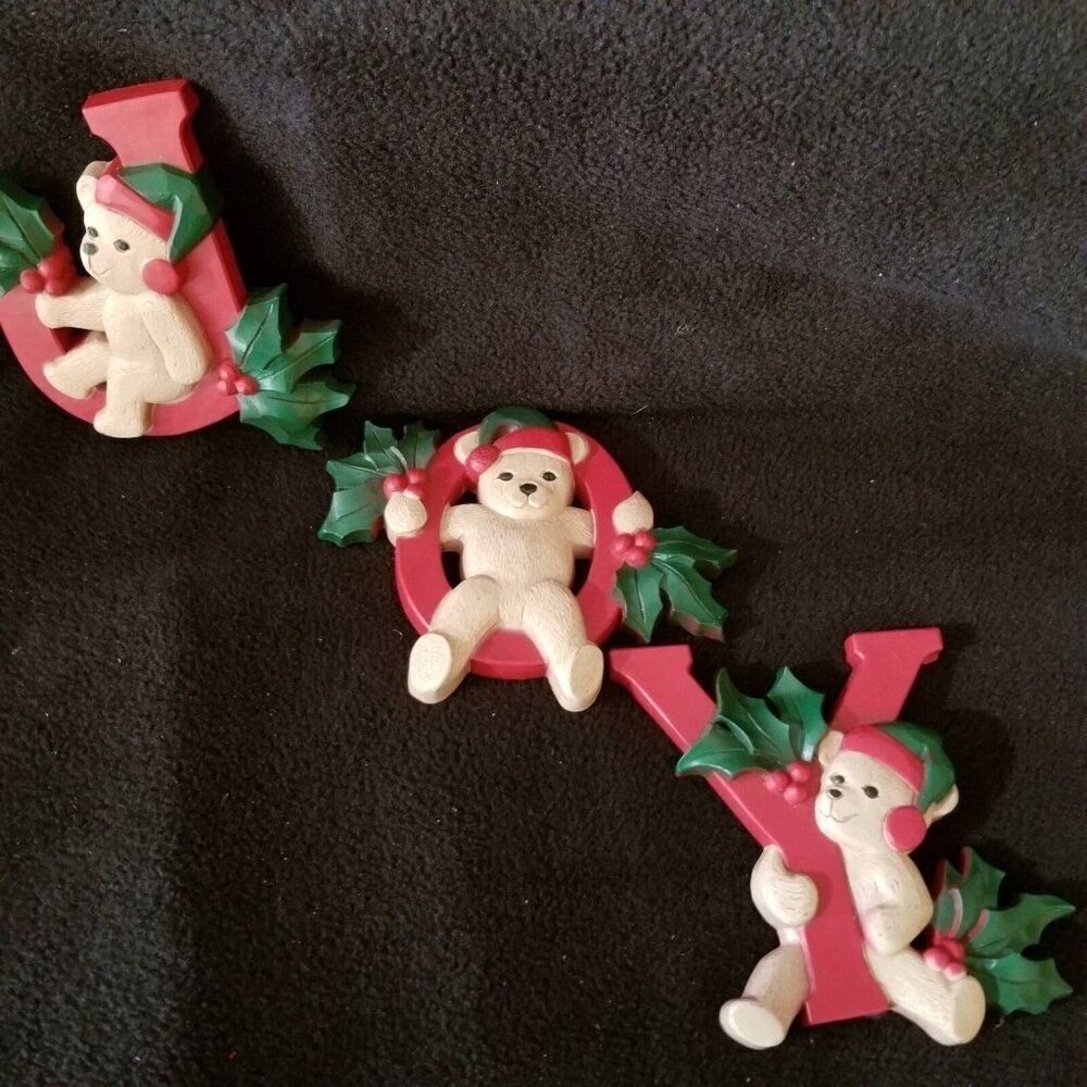 Vintage 80s Homco 1054 Christmas Joy Bears Holly Wall Hanging Plaque